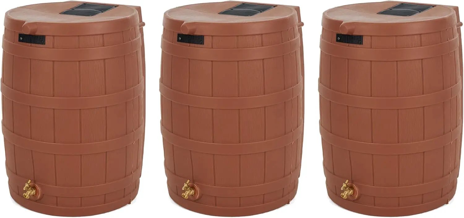 Good Ideas Rain Wizard 50 Gallon Plastic Outdoor Home Rain Barrel Water Storage Collector with Brass Spigot and Flat Back Design, Terra Cotta (3 Pack) by GreenHaven Gardens