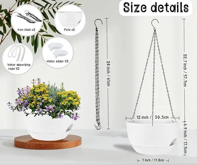 2 Pack 12 Inch Large Hanging Planters with Chains Self Watering White Plastic Hanging Pots for Indoor Outdoor Plants, Garden Porch Home Decor，White by GreenHaven Gardens