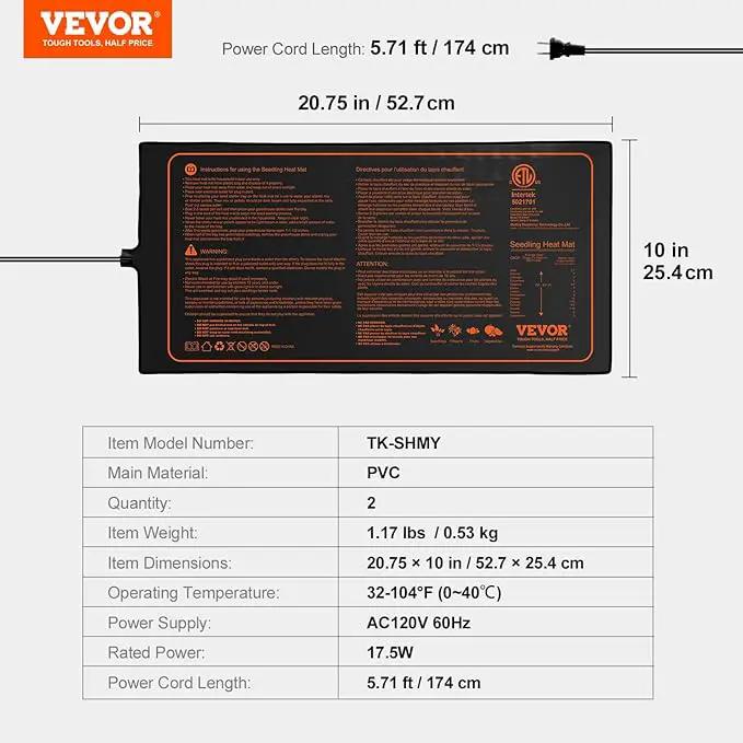 VEVOR 2 Pack Seedling Heat Mat 10"x 20.75", MET-Certified Warm Hydroponic Plant Heating Pad for Seed Starting, Waterproof Heating Mats for Germination, Indoor Gardening Tested toStandards by GreenHaven Gardens