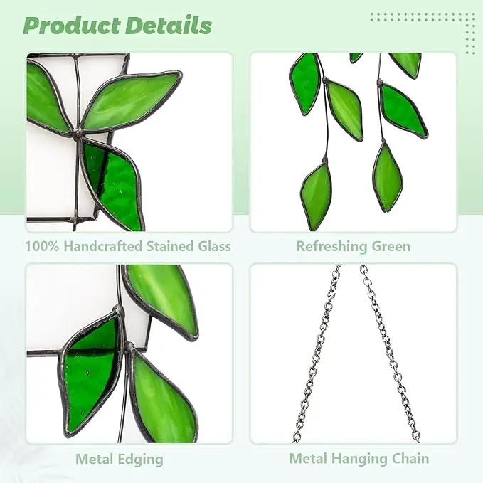 Stained Glass Window Hanging Green Plant Window Suncatcher Handcrafted Green Faux Plant Window Wall Glass Panel Decor for Plant Lovers,Unique Home Indoor&Outdoor Decor by GreenHaven Gardens