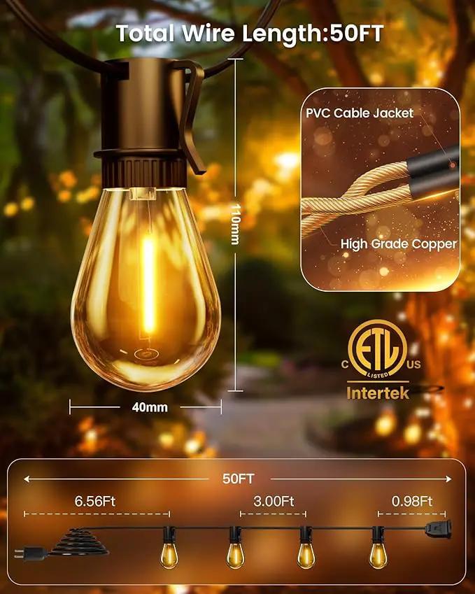 Torkase 50FT Outdoor String Lights LED, S14 Shatterproof Bulbs (15+1), Waterproof Dimmable Patio Lights for Backyard, Porch, Garden - Connectable Commercial Grade by GreenHaven Gardens