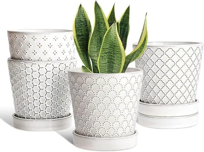 EFISPSS Ceramic Plant Pots Indoor, 5 Inch Planters with Drainage Holes and Ceramic Tray, Relief Design Flower Planter, Desktop Office Windowsill Decoration Gift Set of 4, White by GreenHaven Gardens