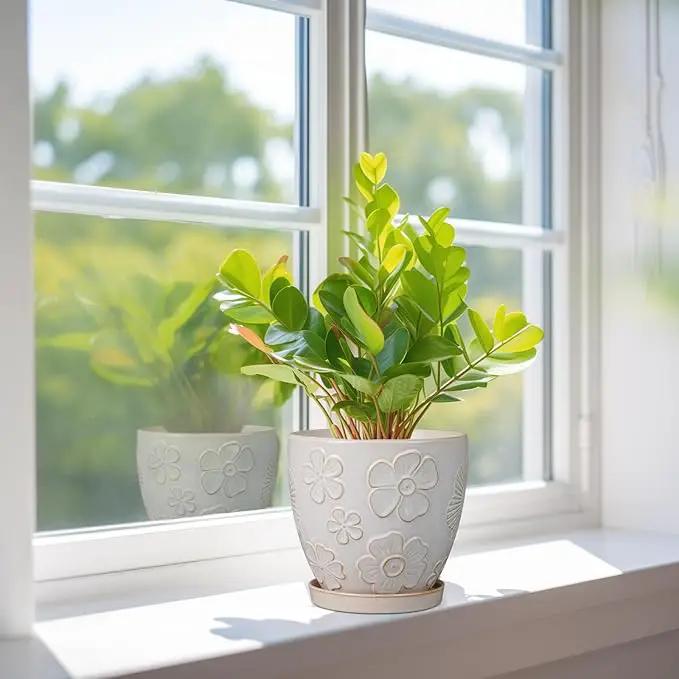 6.9 Inch Plant Pot with Drainage Hole and Saucer Ceramic Planter for Indoor Plant Flower Pot for Orchid Succulents Plants White by GreenHaven Gardens