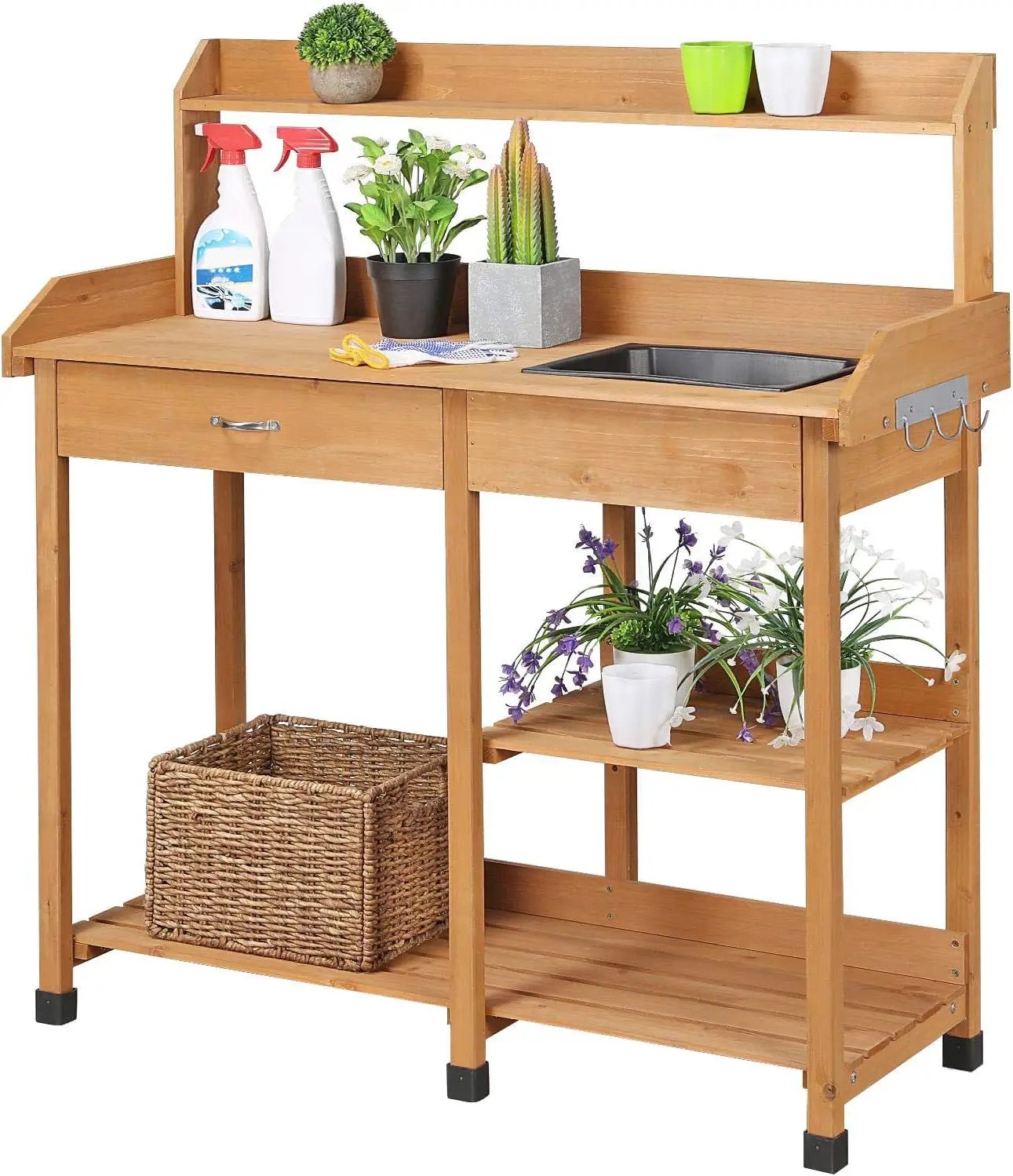 Yaheetech Potting Bench Outdoor Garden Work Bench Station Planting Solid Wood Construction for Horticulture w/Sink Drawer Rack Shelves Natural Wood by GreenHaven Gardens