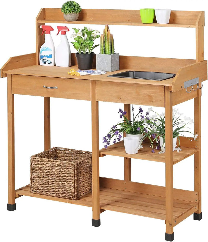 Yaheetech Potting Bench Outdoor Garden Work Bench Station Planting Solid Wood Construction for Horticulture w/Sink Drawer Rack Shelves Natural Wood by GreenHaven Gardens