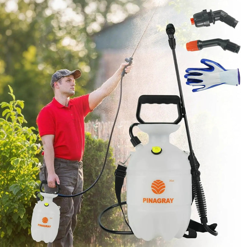 2Gallon/7.56L Pressure Sprayer - Multi-Use Pump Mister for Garden, Lawn & Home with 2 Nozzles, Shoulder Strap & Gloves - Ideal as Weed, Plant & Water Sprayer by GreenHaven Gardens