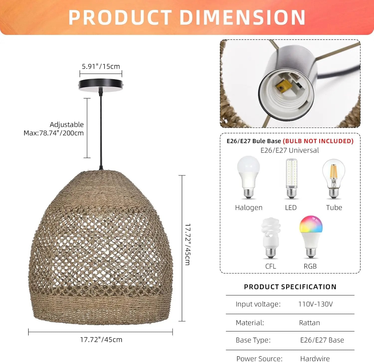 Arturesthome Boho Chandelier, Rustic Rattan Basket Woven Pendant Light Coastal Light Fixture, Farmhouse Wicker Hanging Lighting for Dining Table Kitchen Island Bedroom D17.7in by GreenHaven Gardens
