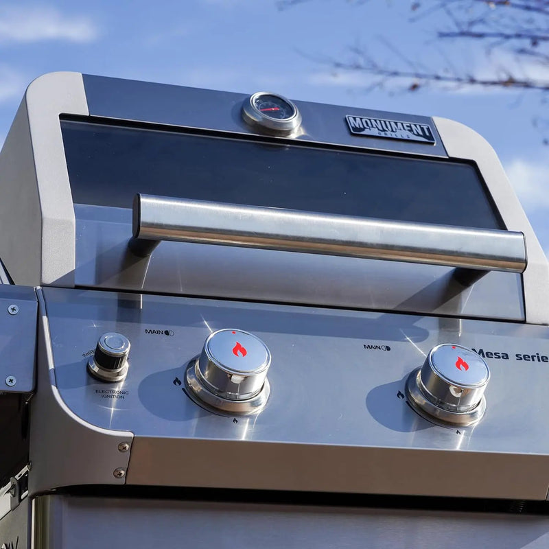 Monument Grills 2-Burner Stainless Steel Liquid Propane Gas Grill, Two Foldable Shelves Patio Garden Barbecue Grill with Clearview® Lid, Knob Control Mesa200S by GreenHaven Gardens