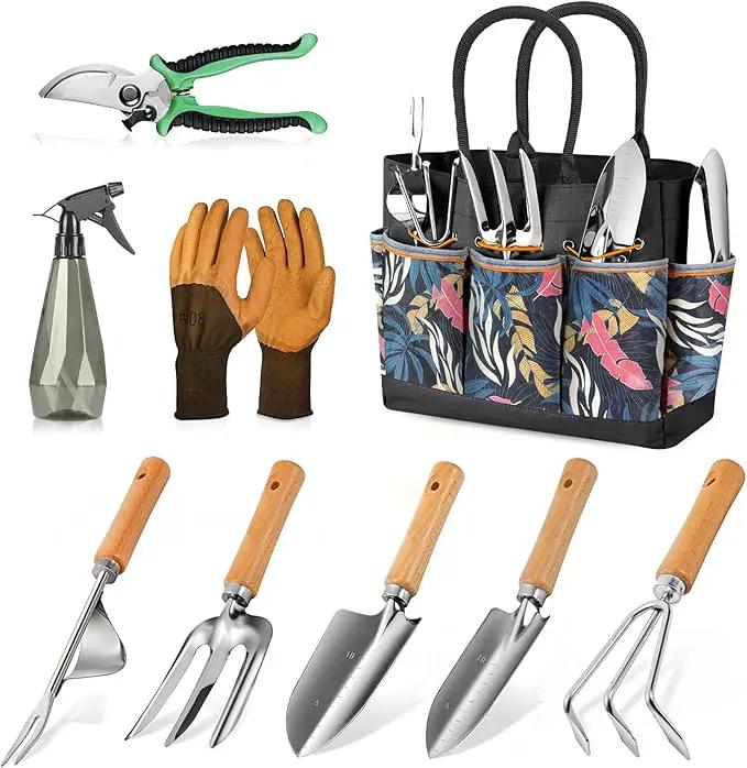 Gardening Tools 9-Piece Heavy Duty Gardening Hand Tools with Fashion and Durable Garden Tools Organizer Handbag,Rust-Proof Garden Tool Set, Ideal Gardening Gifts for Women by GreenHaven Gardens