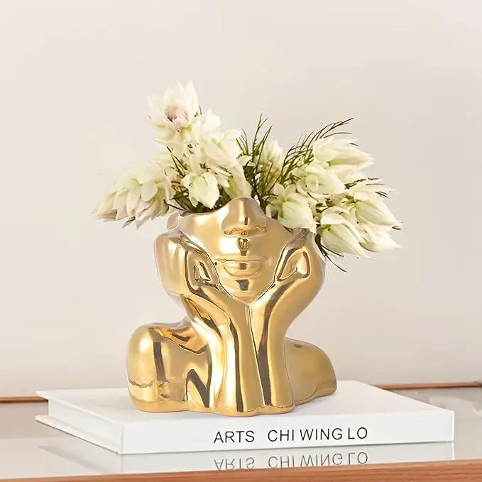 Gold Ceramic Human Face Decorative Vase - Shy Posture Modern Art Desktop Display for Bookshelf, Living Room, Office, Bedroom by GreenHaven Gardens