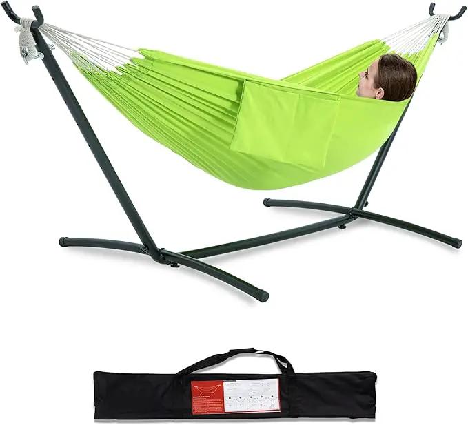 PNAEUT Double Hammocks with Stand for Outside, Portable Space Saving Heavy-Duty Steel Stand for Indoor Outdoor Patio with Carrying Bag, 450 lbs Capacity (Green) by GreenHaven Gardens