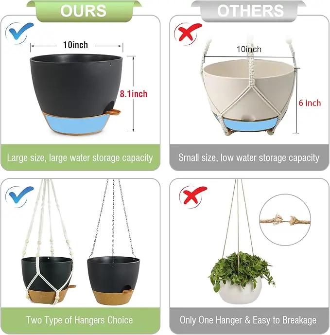 Self Watering Hanging Planters 10 inch, 2 Pack Hanging Flower Pots for Indoor Outdoor Plants, Hanging Baskets with Drainage Holes & 2 Kinds of Plant Hangers for Garden Home Decor, Black Brown by GreenHaven Gardens