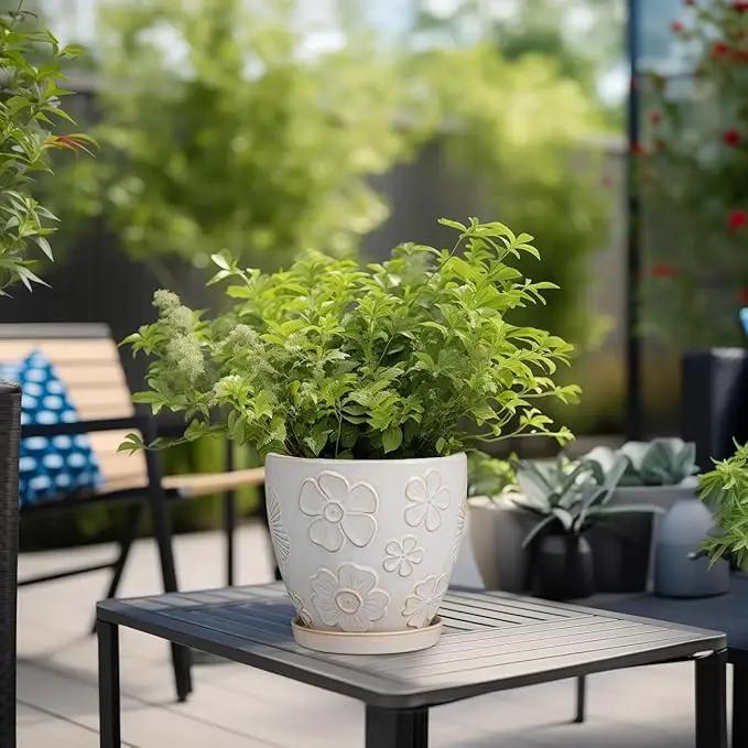 6.9 Inch Plant Pot with Drainage Hole and Saucer Ceramic Planter for Indoor Plant Flower Pot for Orchid Succulents Plants White by GreenHaven Gardens