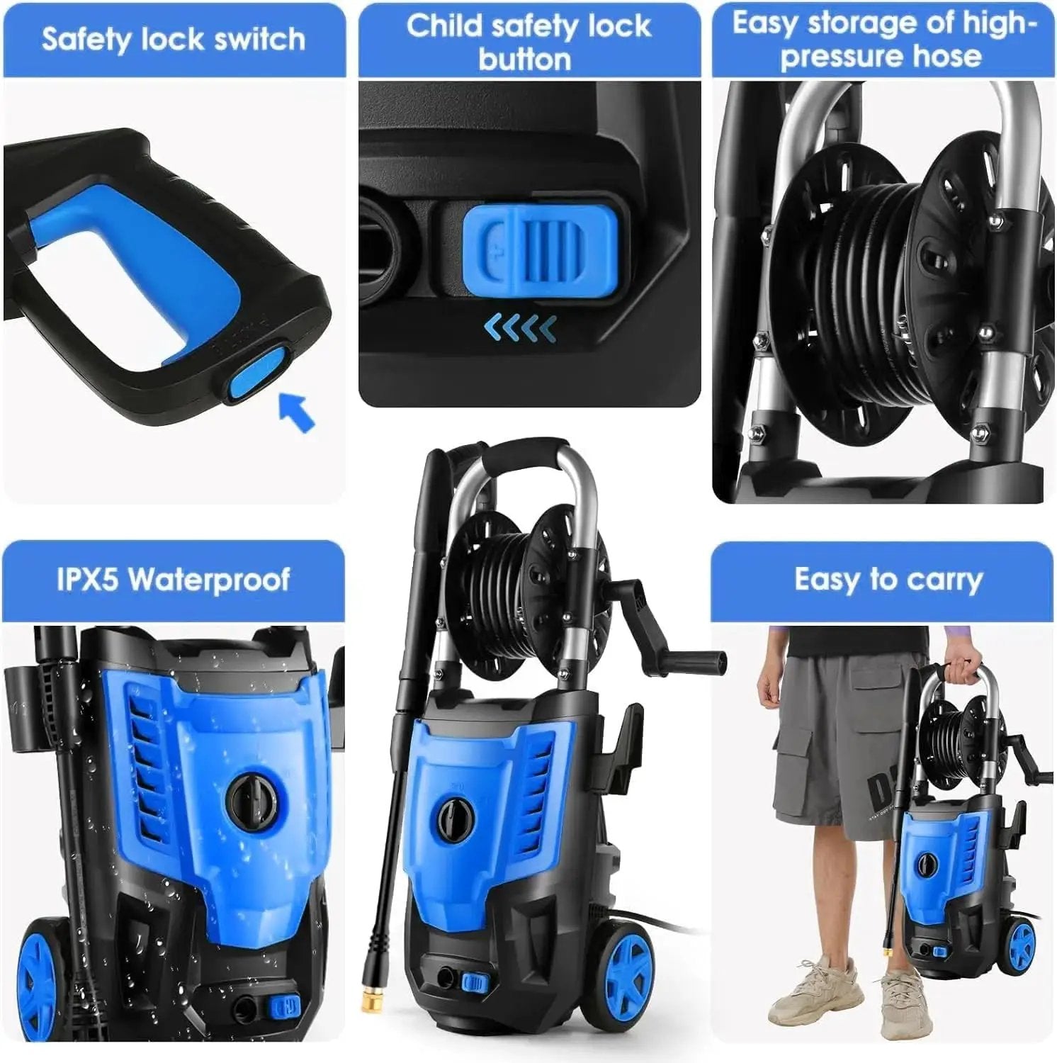 4800 PSI Pressure Cleaner- 4.0 GPM High Power Cleaner with 33FT Hose Reel, 4 Spray Tips and Soap Bottle for Car Washing, Fence Cleaning, Patio Maintenance（Upgraded） (Blue) by GreenHaven Gardens