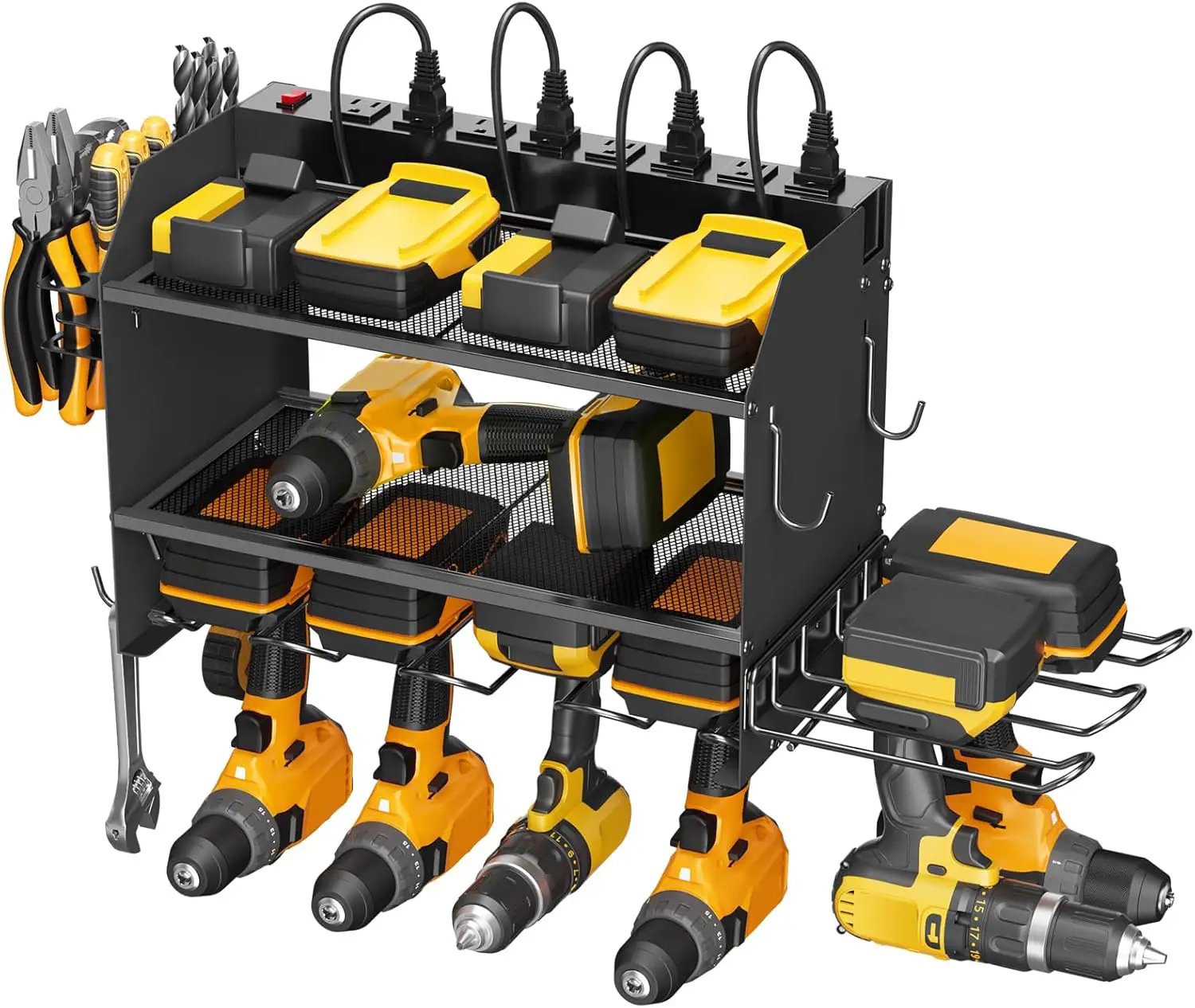 CCCEI Modular Power Tool Organizer Wall Mount Charging Station, Black 6 Drills Holder with 8 Plug Power Strip 10FT, Garage Drill Battery Heavy Duty Metal Shelf, Utility Rack with Hooks, Side Storage. by GreenHaven Gardens
