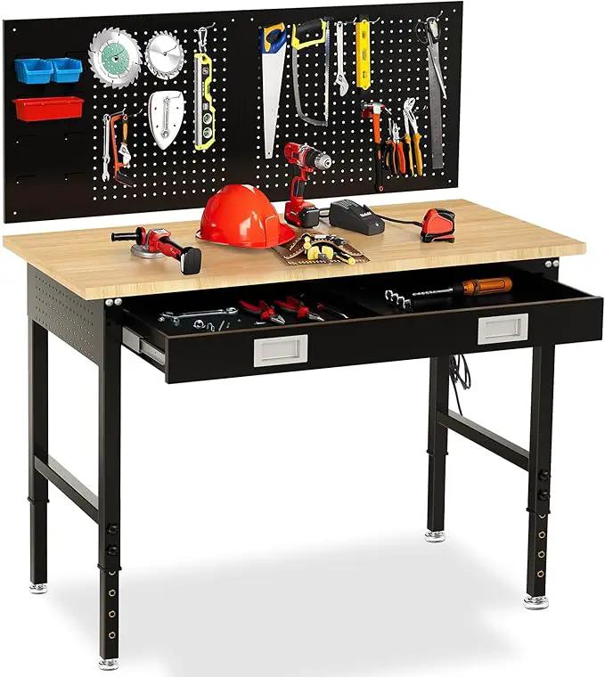 48" Workbench with Drawers, Adjustable Height Work Bench 2000 LBS Heavy-Duty Work Table Rubber Wood Work Station with Power Outlet & Pegboard for Garage, Office, Workshop, Home, Party Shop by GreenHaven Gardens