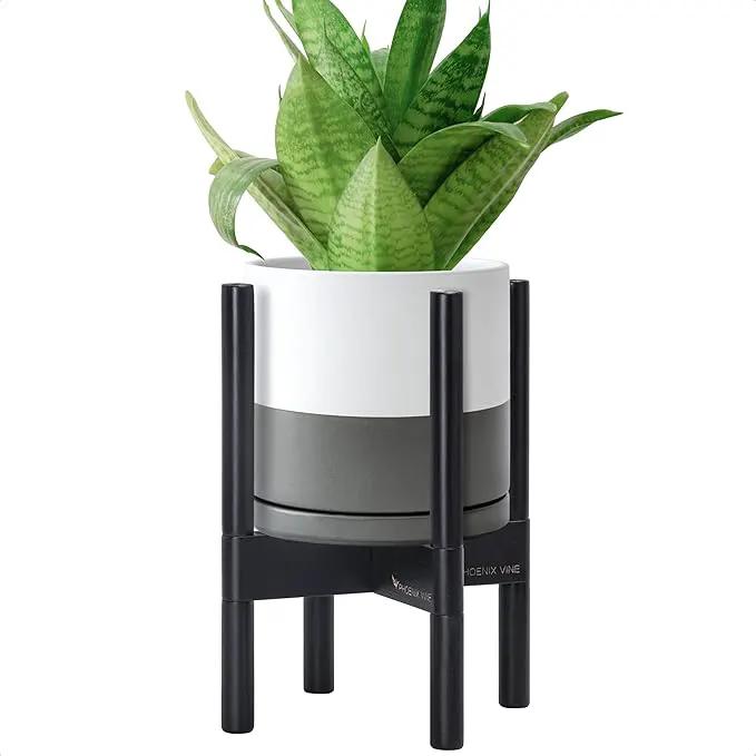 D'vine Dev Ceramic Planter with Ebony Stand - 8 Inch Modern Round Flower Pot with Wood Planter Holder, White/Grey, 55-B-M-6 by GreenHaven Gardens