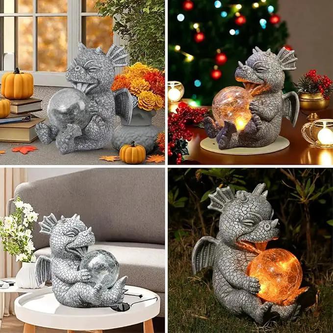 Solar Powered Dragon LED Light Garden Statue Outdoor Decorative Sculpture with Crackle Glass Ball Waterproof Yard Art Decor for Patio Lawn by GreenHaven Gardens