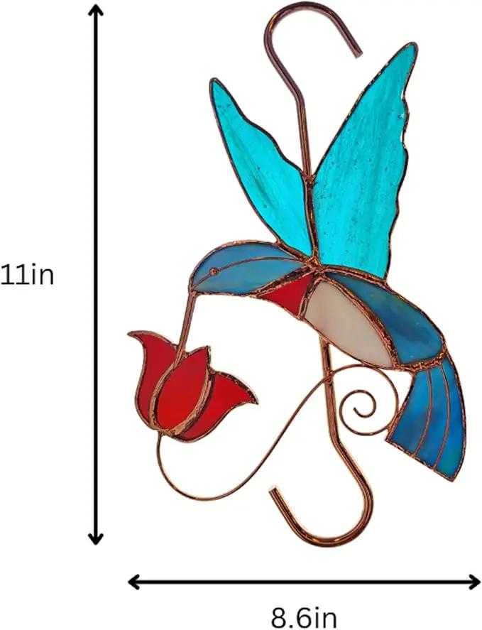 Stained Glass Window Plant Hanger - Hummingbird with Red Flower - Sun Catcher Plant Hook with Copper Hooks Top and Bottom for Indoor and Outdoor Use by GreenHaven Gardens