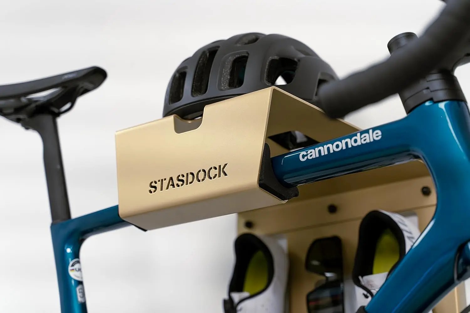 Wall Bike Rack | Bike Storage Wall Mount System | For Race Bicycles (New Gold) and Mountain Bikes | Bike Shelf | Indoor bike wall bracket | Store your helmet and shoes | Home and Garage by GreenHaven Gardens