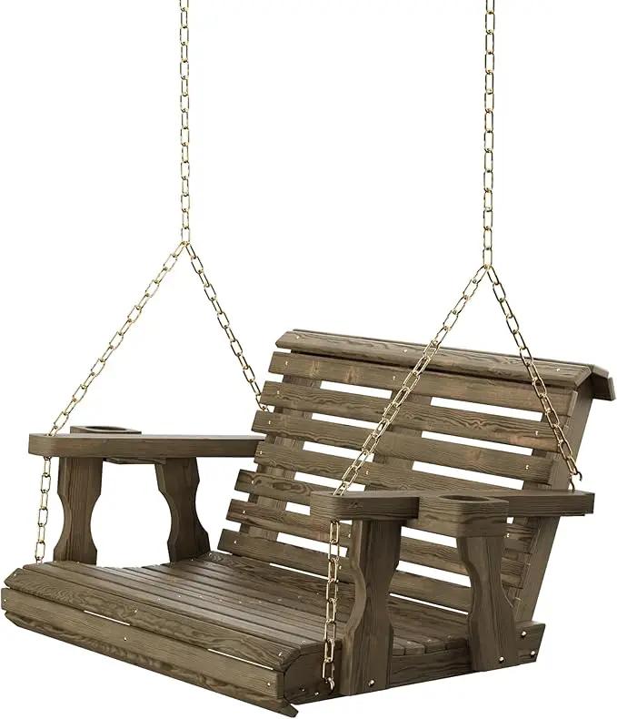 Amish Casual 3 Foot Roll Back Porch Swing with Cup Holders in Dark Walnut Stain - Amish Made in The USA from Treated Pine Heavy Duty 700 Lb. Weight Capacity by GreenHaven Gardens