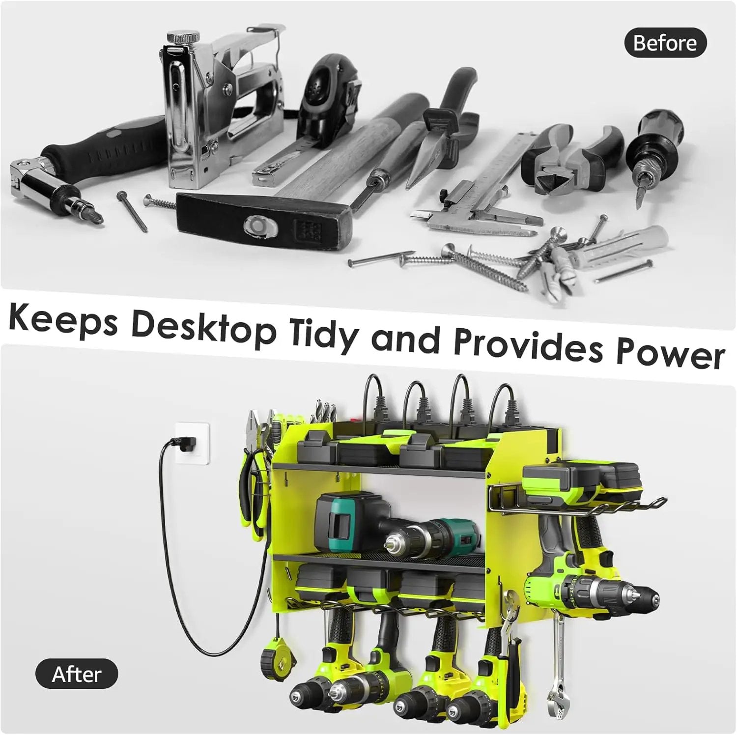 CCCEI Modular Power Tool Organizer Wall Mount Charging Station, Green 6 Drills Holder with 8 Plug Power Strip 10FT, Garage Drill Battery Heavy Duty Metal Shelf, Utility Rack with Hooks, Side Storage. by GreenHaven Gardens