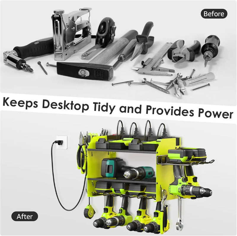 CCCEI Modular Power Tool Organizer Wall Mount Charging Station, Green 6 Drills Holder with 8 Plug Power Strip 10FT, Garage Drill Battery Heavy Duty Metal Shelf, Utility Rack with Hooks, Side Storage. by GreenHaven Gardens