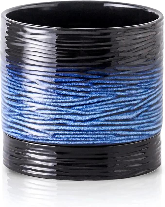 Nihow Ceramic Plant Pot: 6 Inch Planter with Drainage Hole & Saucer for Indoor & Outdoor Plants - Cylinder Round Flower Pot for Succulent/Herbs/Violets - Black & Vivid Blue by GreenHaven Gardens