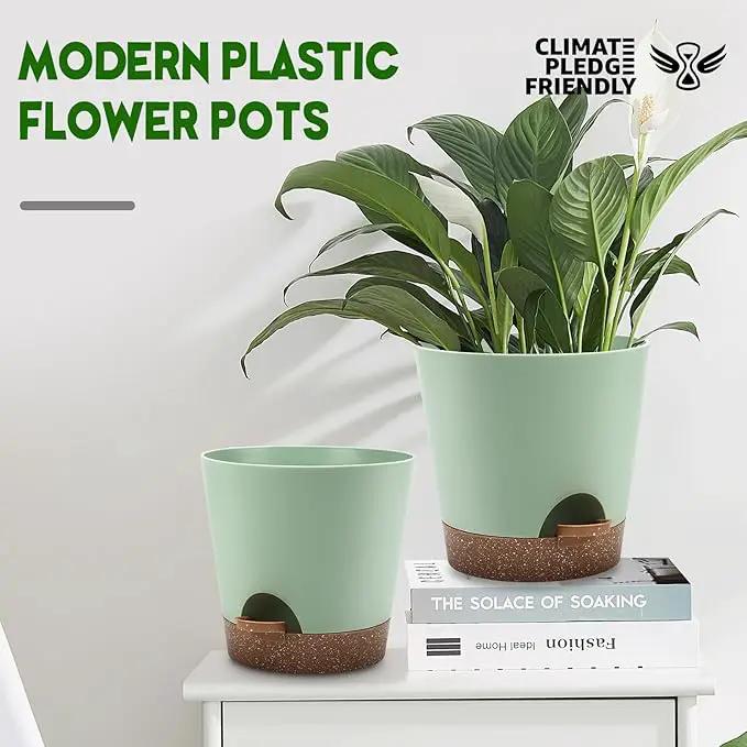 Indoor Self Watering Planters with Drainage Holes and Saucers, 9,8, 7.5 Inches, Green, 3 Pots (Springgreen) by GreenHaven Gardens