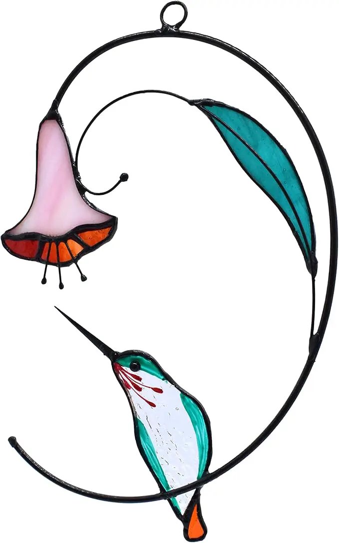 Lolitarcrafts Hummingbird with Flower Stained Glass Suncatcher Bird Stained Glass Window Hangings Hummingbird Gift for Home Decor (Green) by GreenHaven Gardens