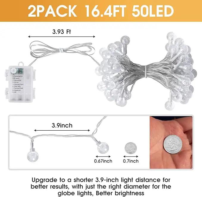 2 Pack Globe String Lights Indoor Bedroom Battery Operated, 16.4ft 50LED Crystal Fairy Light IP44 Waterproof Outdoor Hanging Decorative Lights for Home Tent Patio Garden Party Decor by GreenHaven Gardens