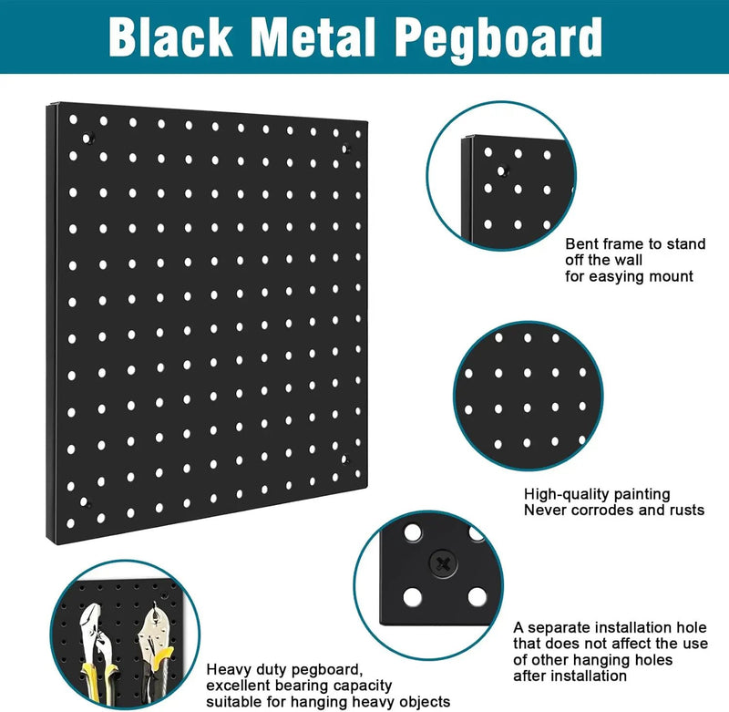 Peg Board,Steel Organization Panels, Ideal for Garage Tool Storage, Office Organization, Craft Room, Kitchen,Pack of 4 (Black, 4-12X12) by GreenHaven Gardens