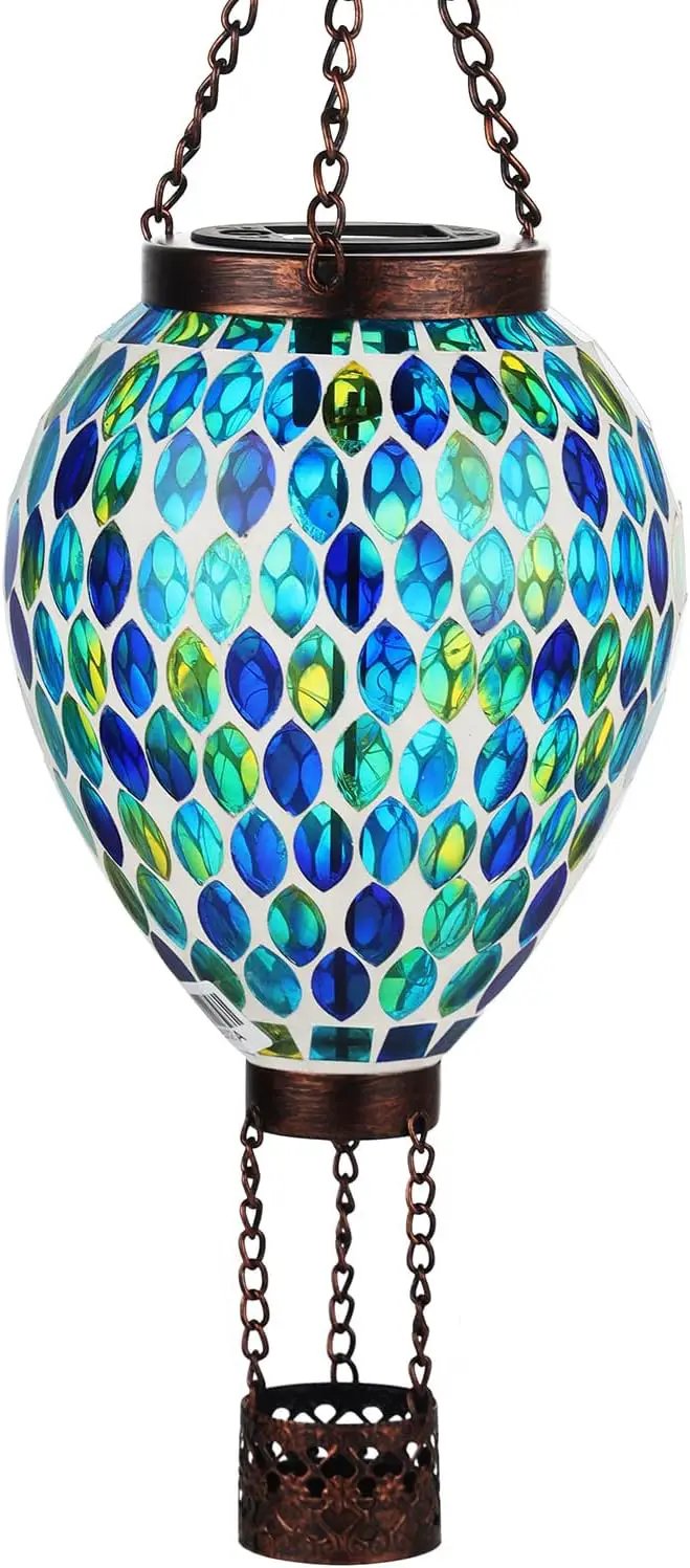 VOREEN Hot Air Balloon Solar Lantern, Mosaic Solar Outdoor Hanging Wind Light, Waterproof, Patio Festive Decor, Easter Gifts for Mom Father Grandma, Blue by GreenHaven Gardens