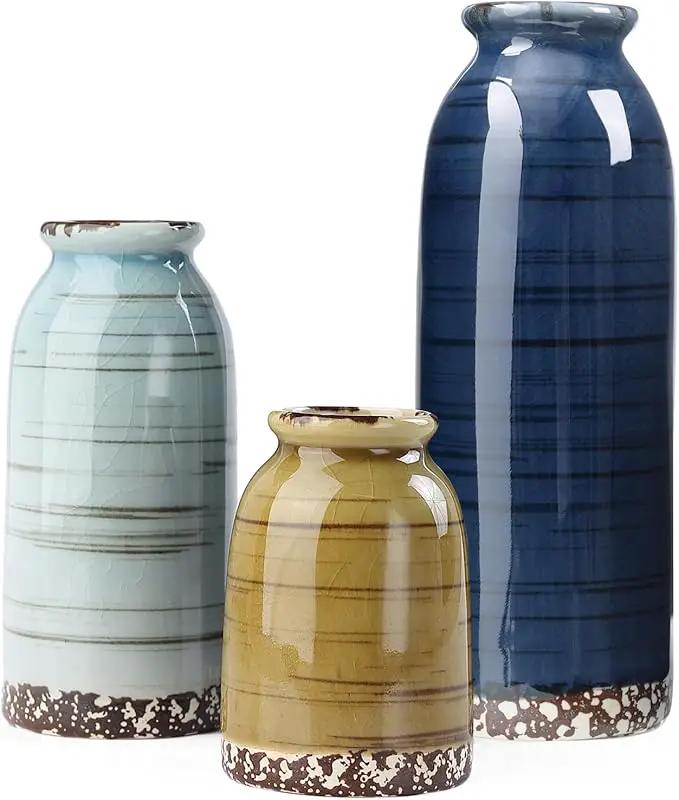 Ceramic Vase Set of 3, Farmhouse Decorative Vase for Pampas Grass, Living Room, Bathroom,Bookshelf, Centerpieces (Blue/Navy Blue/Yellow) by GreenHaven Gardens