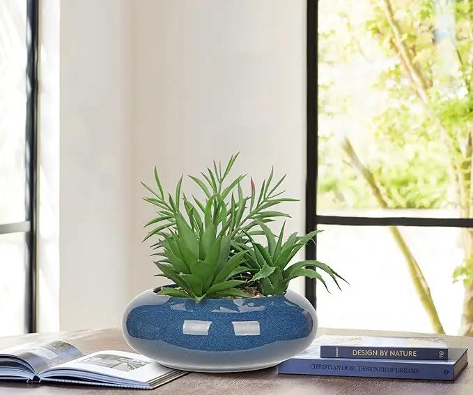 Hollyone Large Artificial Succulents Plants with Blue Vase Faux Succulents Fake Succulent Potted Plant in Ceramic Pot for Home Decor Office Desk Bathroom Living Room Indoor & Outdoor Decorations by GreenHaven Gardens