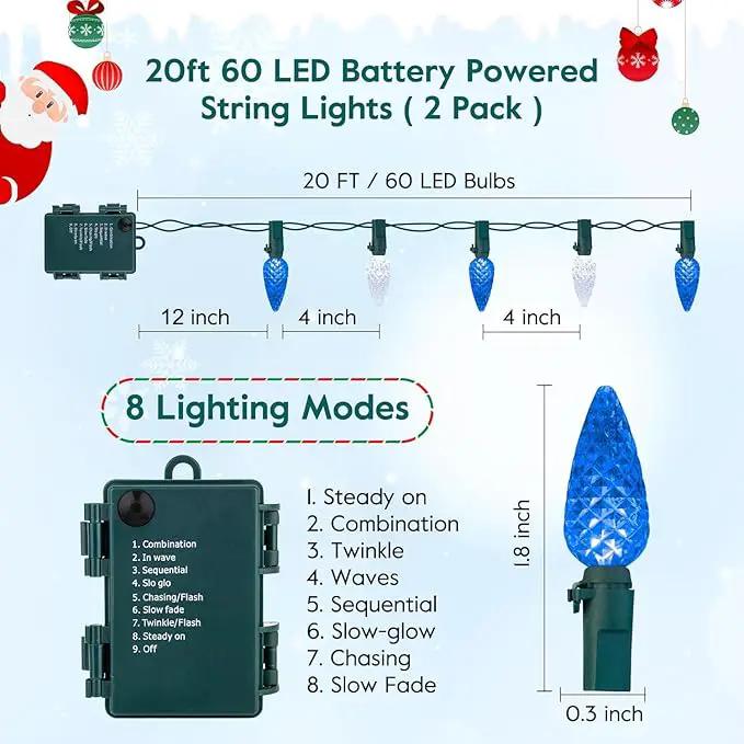 Brightown C6 LED Christmas String Lights - 2 Pack Each 20ft 60LED Battery Operated Strawberry String Lights with Timer and 8 Light Modes for Christmas Trees Wreaths, Indoor Xmas Decor, Blue and White by GreenHaven Gardens