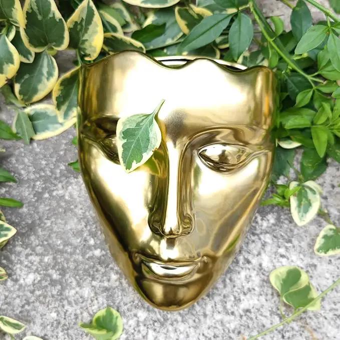 Face Vase,Ceramic Female Form Vase,Modern Sculpture Planter Pot,Human Face Dried Flower Shaped Vase,Wall Hanging Plant Pot for Home Decor Centerpieces, Office or Outdoor Hanging Decor Gold by GreenHaven Gardens