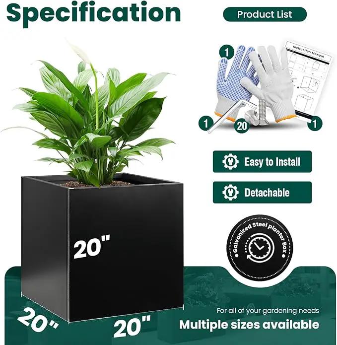 Galvanized Steel Planter Box Black Metal Planter Large Square Indoor Outdoor Planters Cube Steel Heavy Duty Flower Pot 20Inch Powder Coating Modern Commercial Residential for Patio, Deck, Yard, Garden by GreenHaven Gardens