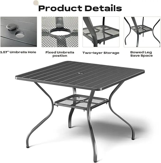 Patio Tables Outdoor Dining Table - Metal Coffee Tables with 2-Tier Storage Shelf 1.57" Umbrella Hole for Outside Proch Deck Balcony Garden Rectangle by GreenHaven Gardens
