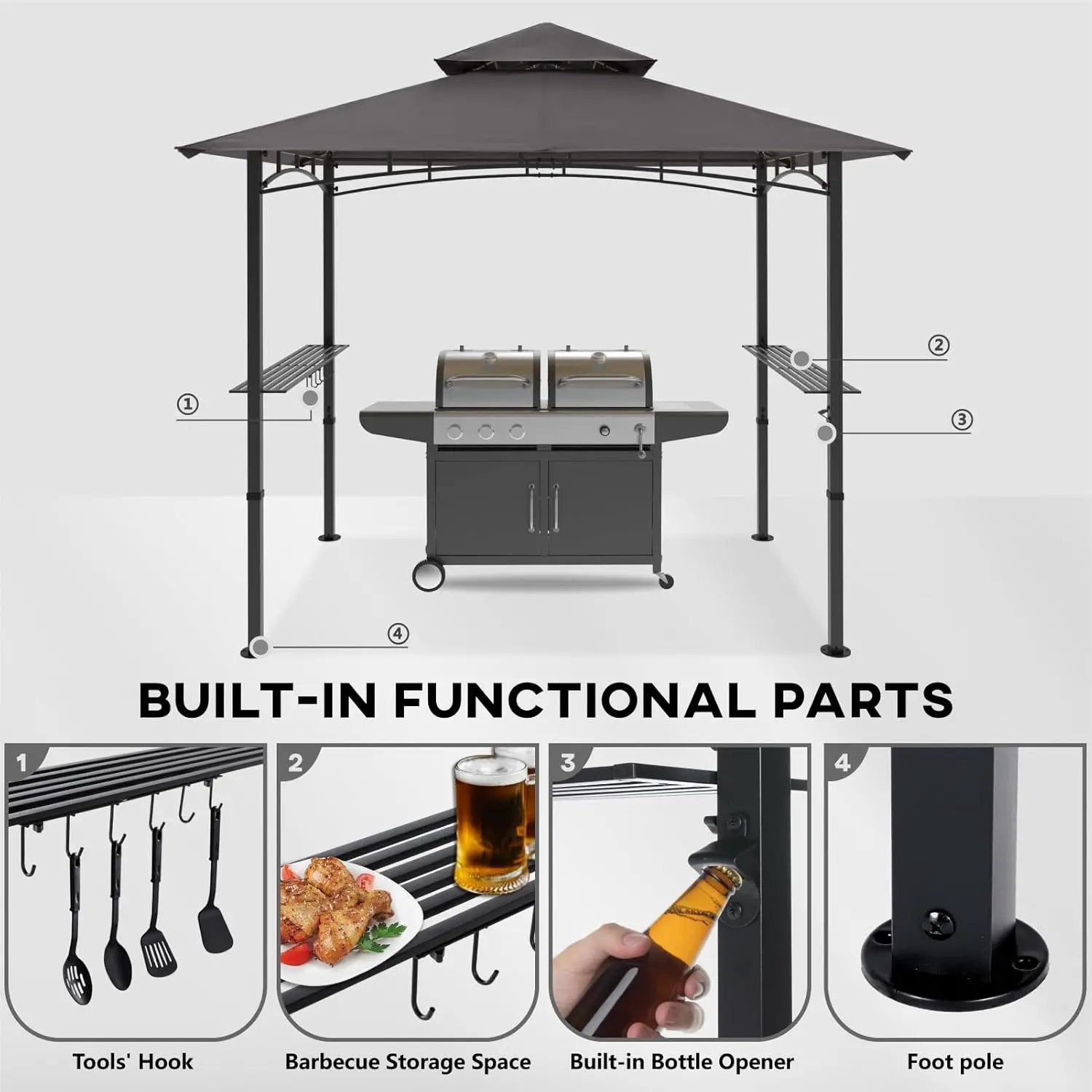 COOSHADE 8'x 5' Grill Gazebo Double Tiered Outdoor BBQ Gazebo Canopy with LED Light (Gray) by GreenHaven Gardens