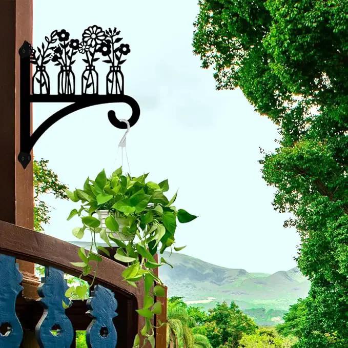 peacoblue Iron Plant Hangers Hooks for Outdoor Indoor Hanging Plants Flower Fern Pots Lantern Bird Feeder,12"x15" Weather Resistant Metal Wall Holder for Porch Garden Farmhouse(Vase and Wildflower)