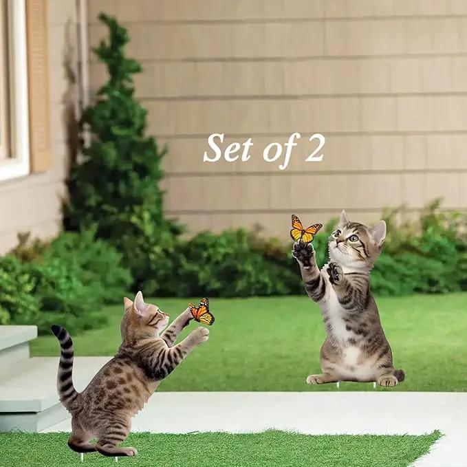 Metal Garden Stakes Decor,Cute Cats Playing with Butterflies Stakes, YGarden Statues Bird Repellent Cat Decorative Garden Stakes for Yard, Garden, Lawn Outdoor Decorations Set of 2 by GreenHaven Gardens