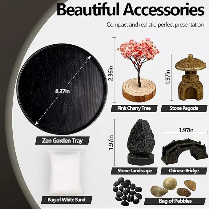 Zen Garden for Desk Japanese Zen Garden Kit 8 Inch Large Round with 6 Sand Rake and Accessories Tray Mini Desktop Zen Decor for Home Office Gift Therapy Relaxation Meditation by GreenHaven Gardens