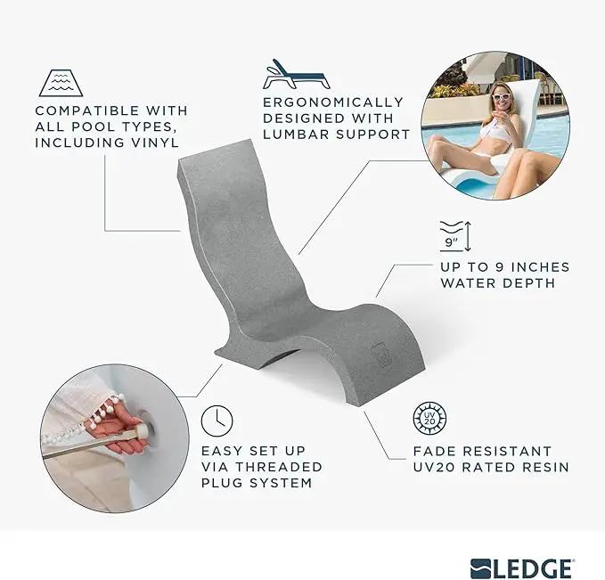 Ledge Lounger - Signature Chair - Inside Pool & Sun Shelf Lounge Chair - Designed for Shallow Shelves Up to 9” - Compatible with All Pool Types - Poolside & Sun Deck Tanning - Set of 2 - Granite Gray by GreenHaven Gardens