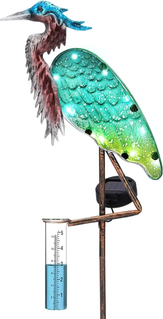 Heron Rain Gauge Solar Stake Outdoor, 43’’ Solar Rain Gauge LED Lights with Rainfall Gauge for Garden, Yard, Lawn, Pathway, Patio by GreenHaven Gardens