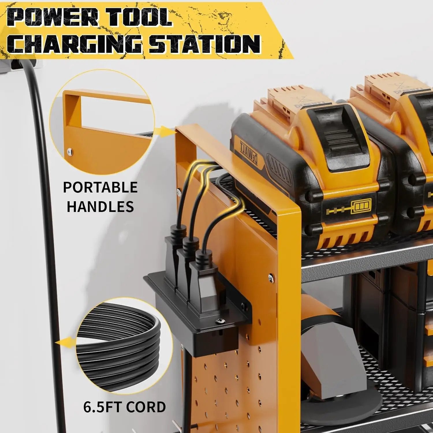 Power Tool Organizer with Charging Station Wall Mount, 3 Layer Expanded Heavy Duty Garage Organization, 48.8 Inch Length Garage Tool Storage, 4 Drill Slot, 16" Standard Hole, Yellow by GreenHaven Gardens