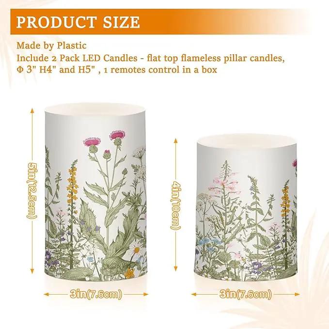 Flickering Flameless Candles, Flowers Herbs Wildflowers Botanical LED Candles with Remote Timer, Set of 2 Battery Operated Candle for Valentine Wedding Birthday by GreenHaven Gardens
