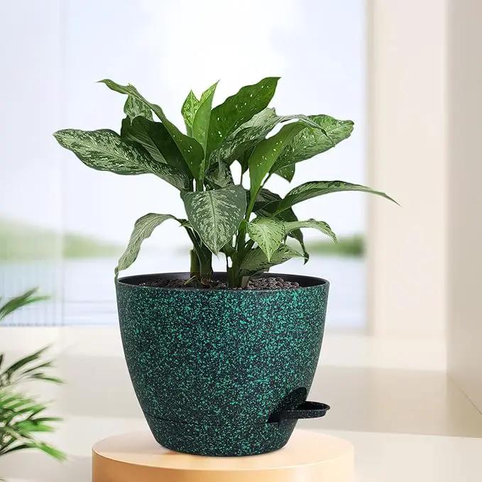 12 inch Large Self Watering Pots for Indoor Outdoor Plants, Flower Plant Pots with Mesh Drainage Holes for Garden House Plants, Plastic Planters for Home Plants, Black with Green Speckles by GreenHaven Gardens