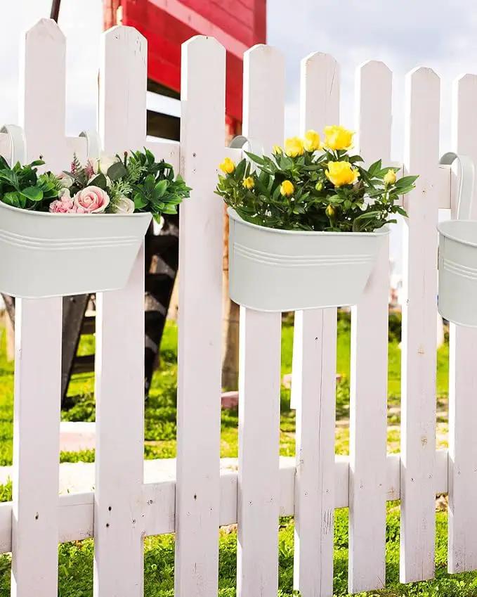 vensovo Metal Railing Planter for Outdoor Plants - 5 Pack Balcony Hanging Flower Pots with Detachable Hooks and Drain Holes Oval Bucket Rail Box Fence Planters for Home Garden Decor, White by GreenHaven Gardens