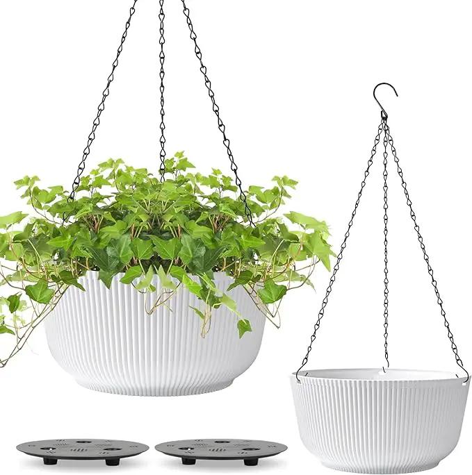 T4U 12 Inch Large Hanging Planters for Outdoor Plants, 2 Pack Self Watering Hanging Pots Indoor, Hanging Baskets for Plants,Hanging Flower Pot with Drainage Hole and Plant Hanger, White by GreenHaven Gardens